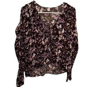 BP Long Sleeve V-Neck Blouse Black Pink Floral
